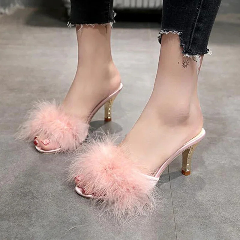 Women Summer Shoes Feather Thin High Heeled Fur Slippers Bare Toes Mule Pump Slide Shoes Large Size Slide Flip-flops 241114