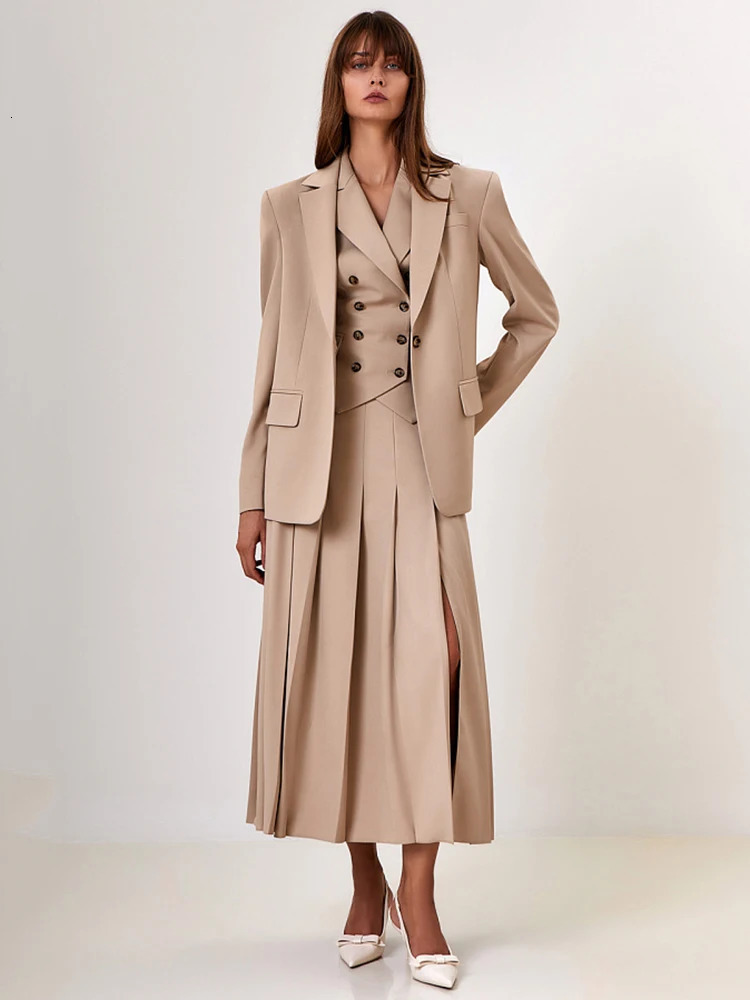 Mozision Autumn Two Piece Sets Women Double-breasted Vest And Split Skirt Matching Sets Fashion Long Pleated Skirt Two Piece Set 241114