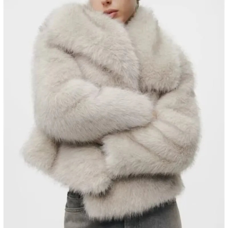 Fashion Furry Fluffy Faux Fur Coat Lapel Warm Jacket Solid Thickened Long Sleeve Plush Overcoat Lady Fall Winter 241115