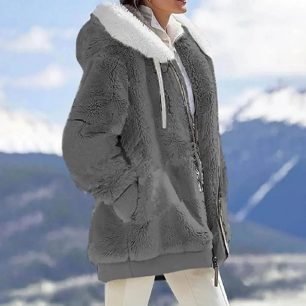 2023 Womens Winter Coat Solid Color Warm Plush Large Size Ladies Fall Loose Zipper Hooded 241115