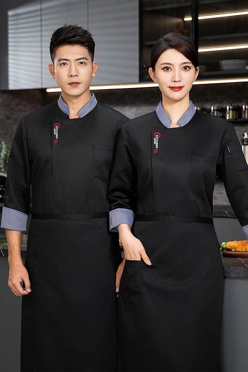 Men Long Sleeve Chef uniform Restaurant chef jacket with apron Cook Coat Tshirt Work Uniform Waiter el Clothes 240412