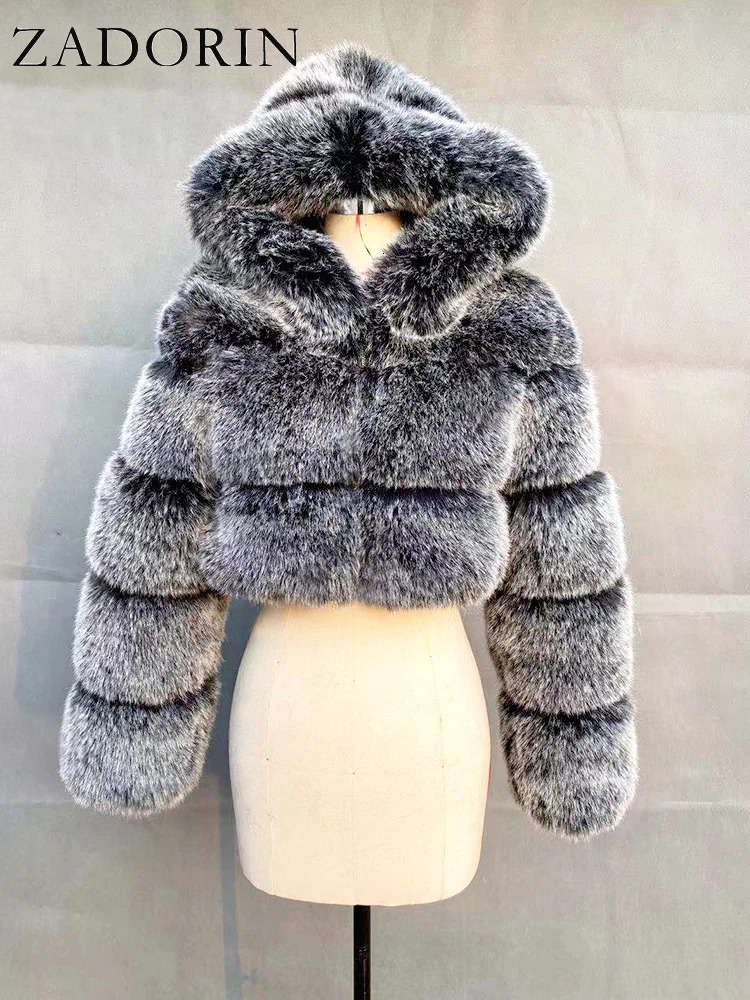 ZADORIN High Quality Furry Cropped Faux Fur Coats and Jackets Women Fluffy Top Coat with Hooded Winter Fur Jacket manteau femme 241115Z