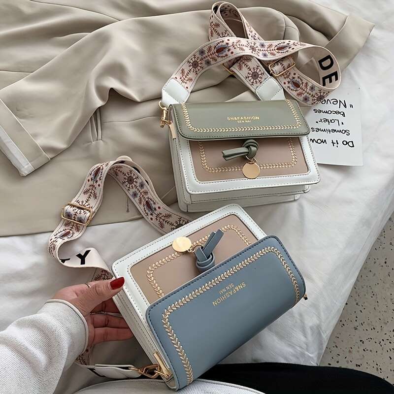 Wide Strap Fashion Flap Shoulder Bag, Women's Crossbody Purse with Buckle Decor