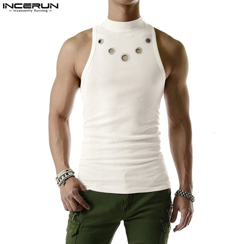 INCERUN Fashion Men Tank Tops Hollow Out Solid Turtleneck Sleeveless Male Vests Streetwear Summer Casual Clothing S5XL 240415