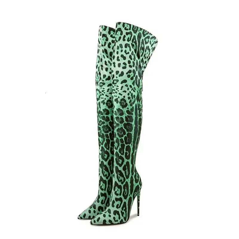 European And American Style Super Heels Women's Sexy Gradient Color Leopard Print Back Zipper Slim Fit Knee High Boots