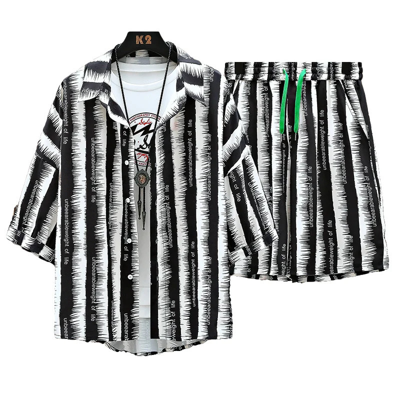 Summer Tracksuit Short Sleeve Shirt Shorts Set Men Sport Suit stripe Casual 2 Piece Outfits Male Sportwear Clothes For 240410