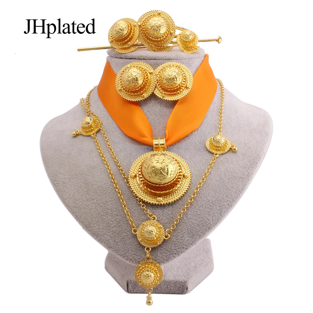 Gold Bridal Jewelry Set Suitable for Women Ethiopian Red Rope Pendant Hairpin Earrings Bracelet Rings Wedding Gifts 241115