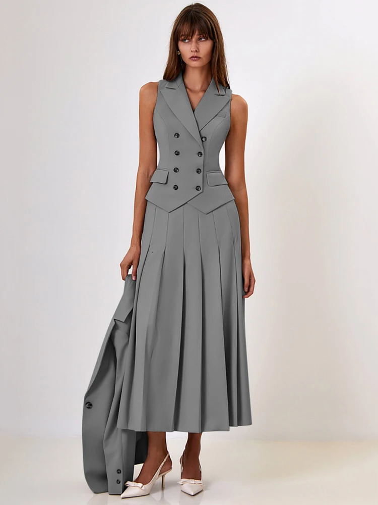Mozision Autumn Two Piece Sets Women Double-breasted Vest And Split Skirt Matching Sets Fashion Long Pleated Skirt Two Piece Set 241114