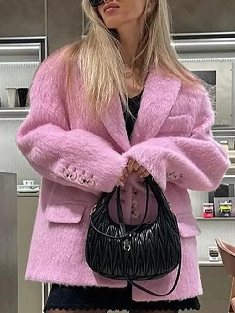 Retro wool button set womens casual loose collared gray jacket womens autumn classic elegant street jacket 241115