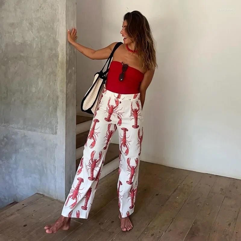 Women's Two Piece Pants Cartoon Cray Printing Long Set For Women 2024 Summer Short Sleeve Shirt High Waist Wide Leg Pant 2 Sets Lady Out