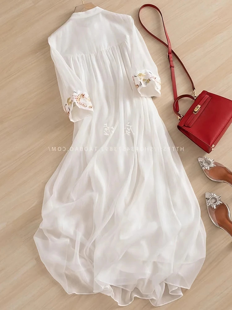 Chinese Style Embroidery Chiffon Dress National Art Chic Women Summer White Loose Casual Ethereal Pleated Long Dresses 240415
