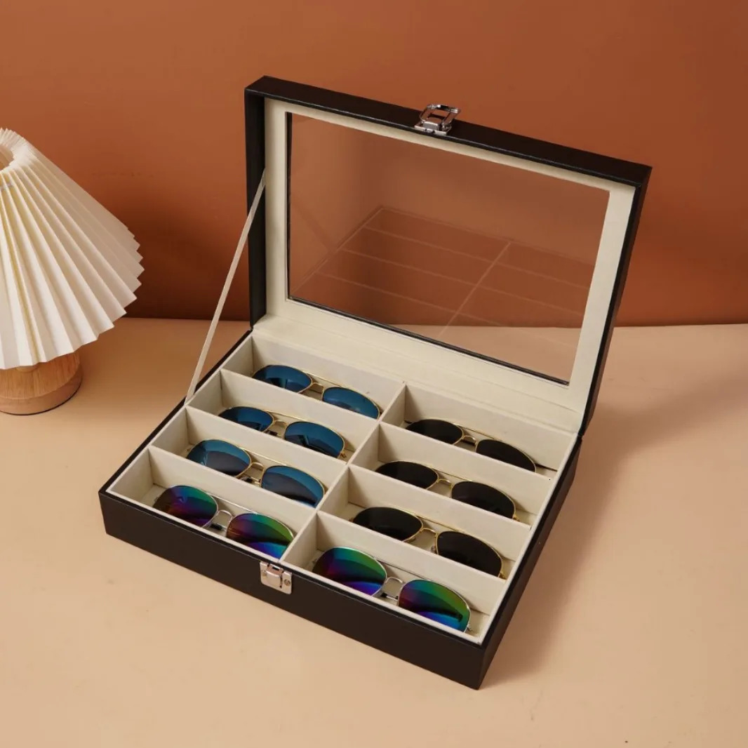 Leather Fashion Sunglasses Storage Box Multi Grid Large Capacity Sunglasses Storage Box Jewelry Display Collection Box 241114