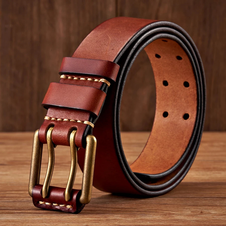 3.8cm wide vintage mens denim strap genuine leather strap copper double needle buckle handmade denim strap fashionable mens waist belt 241115