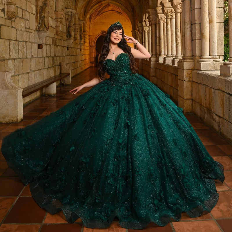 Green Emerald Shiny Quinceanera Dresses Ball Princess Beads Wer Sweet Dress Party Birthday Gown Vestidos De Anos