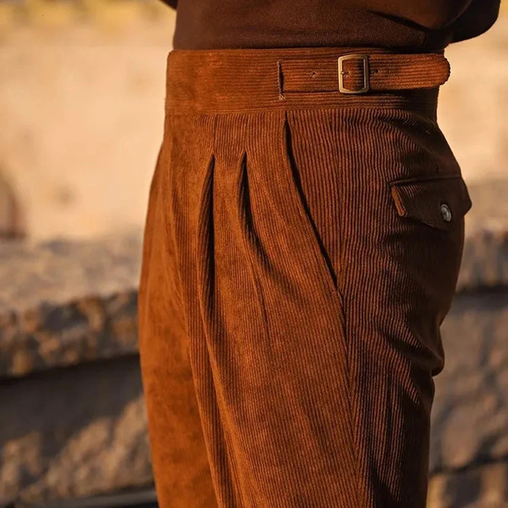 Mens Gurkha Trouser Corduroy Side Buckle Adjustable Waist Casual Set Pants Autumn Business Full Straight Wear 241115