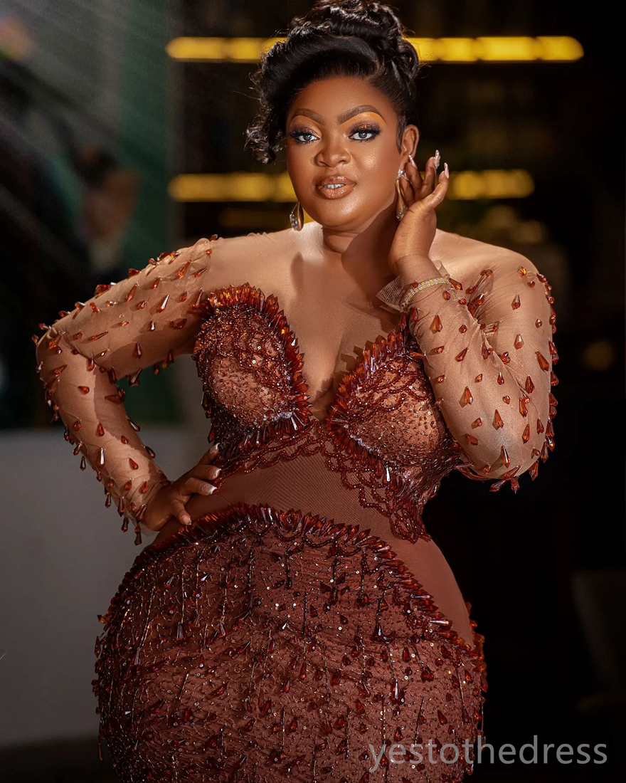 2024 Plus Size Aso Ebi Prom Dresses for Black Women Chocolate Illusion Sheer Neck Formal Gowns Crystals Beading Tassel Luxury Birthday Dress Reception
