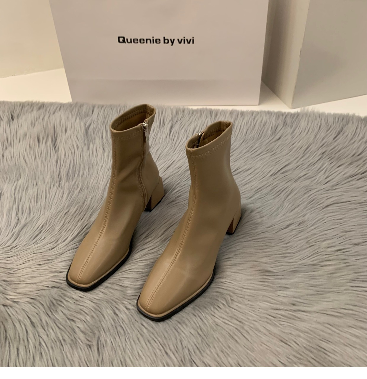 French Velvet New White Square Toe Short Boots.