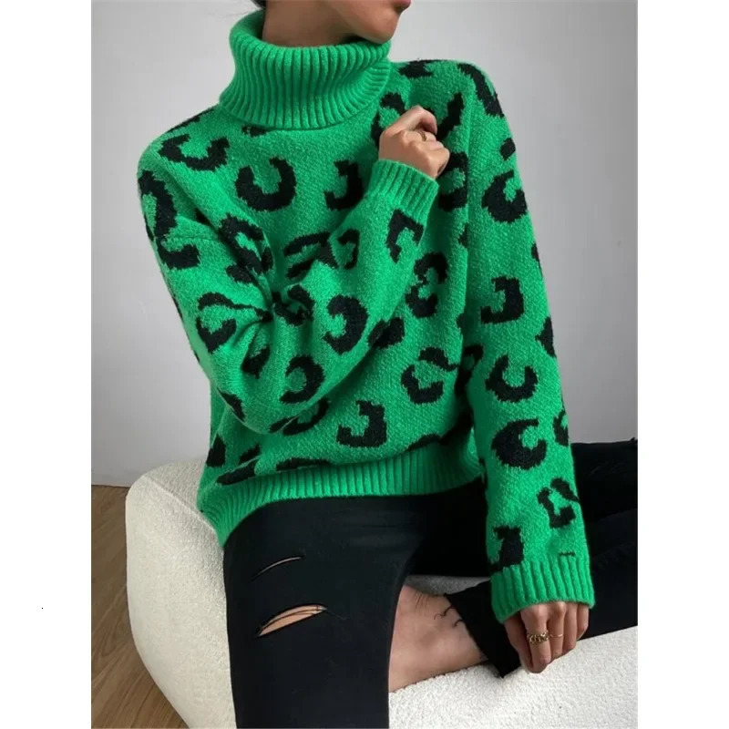 Autumn and winter womens leopard print turtle neck knitted floral top personalized street style womens casual loose sweater 241115