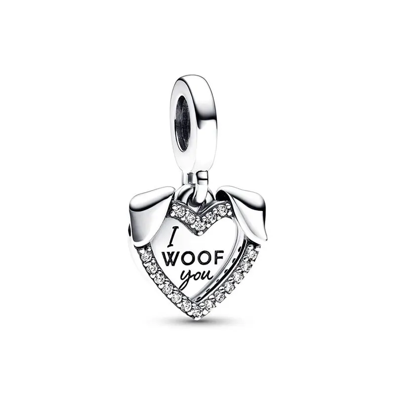 Silver Charm Heart Dog Double Dangle Charm Pet Puppy Dog Dangle Charm Fit S925 Snake Bracelet Women Jewelry DIY