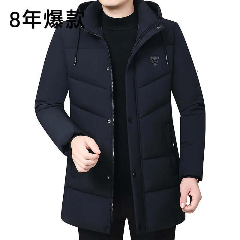 Hooded Winter Down Cotton Coat for Men Parkas Thickened Solid Color Padded Cardigan Midi Length Zip Up Mens Warm Jacket 241115