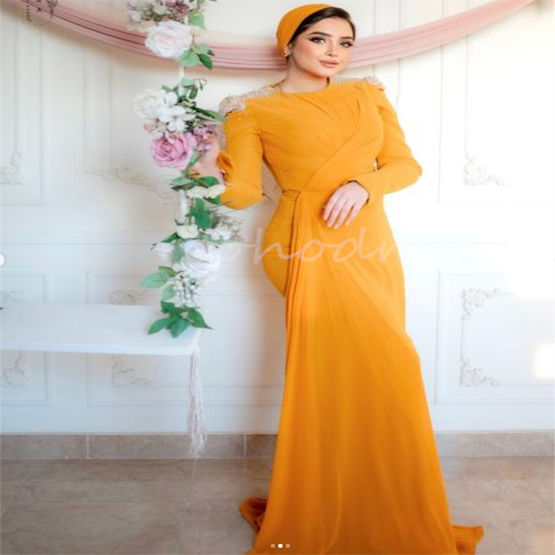Fabulous Orange Arabic Evening Dress Elegant Mermaid Muslim Prom Dress Long Sleeve Kosovo Albanian Formal Party Gowns vestido de gala noche mujer 2025