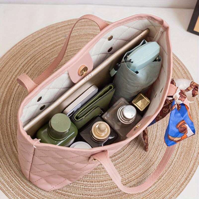 Chic Women's Tote with Scarf - Large Capacity, Quilted Designer Shoulder Bag in Khaki, Brown, White, Pink, Black | Faux Leather, Handwash/Dry Cle