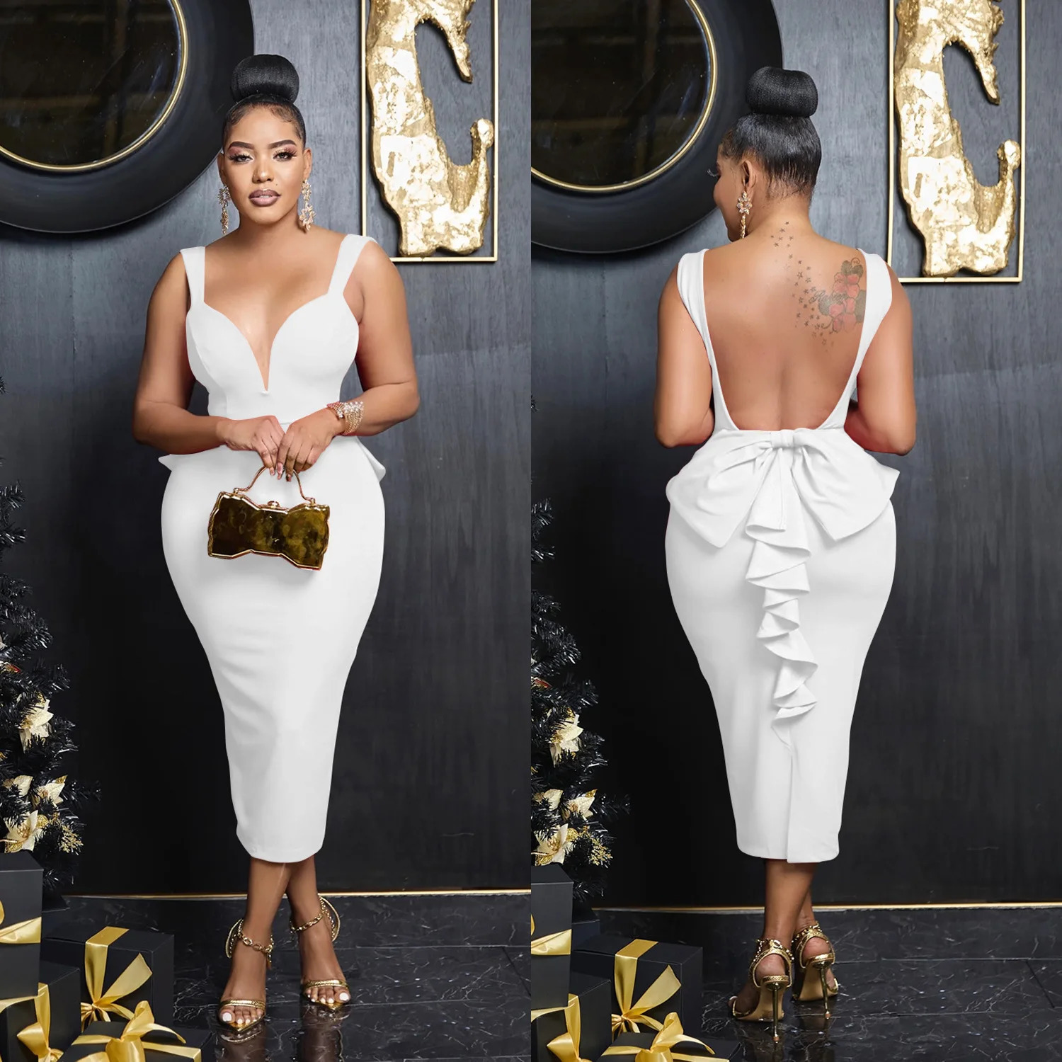 White Midi Dresses Summer Deep V Neck Bowtie Backless Long Wedding Party Female Dress Sexy Skinny Night Club Outfits Woman Cloth 240415