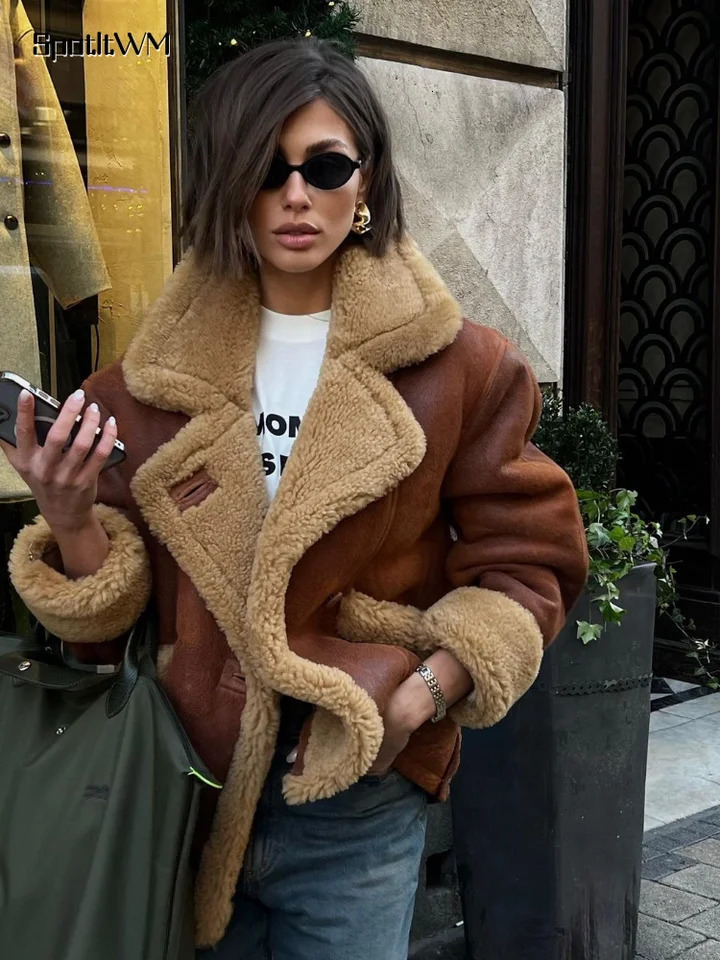 Fashion Splicing Big Lapel Warm Jackets Woman Single Breasted Long Sleeve Sherpa Coat Fall Winter Lady Street Thicken Outerwear 241114