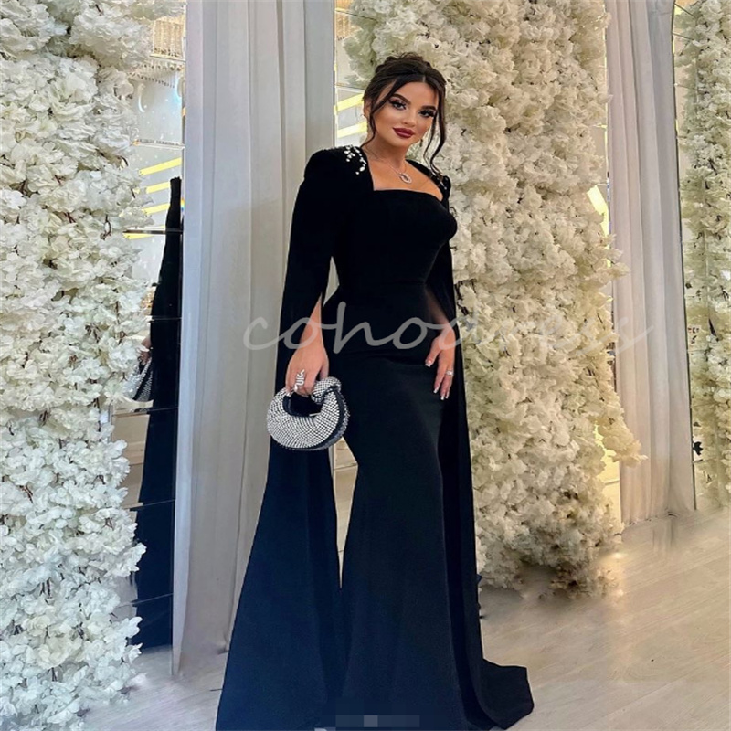 Kaftan Arabic Abaya Black Evening Dress Long Sleeve Moroccan Turkey Mermaid Prom Dresses Beaded Formal Ceremony Party Gowns Middle East vestidos de no