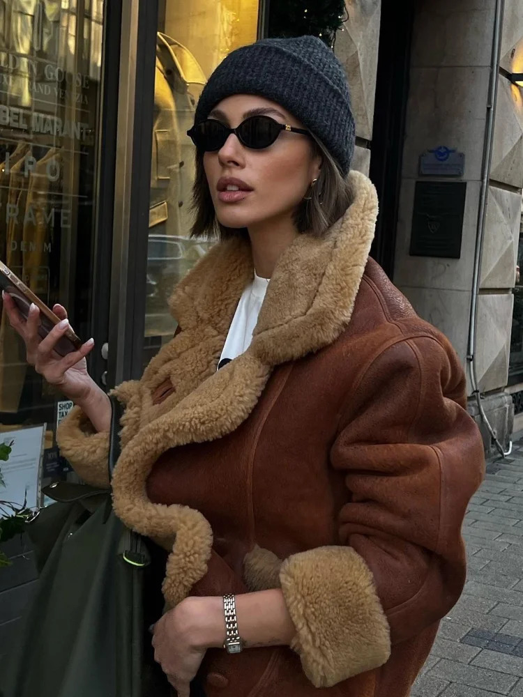 Fashion Splicing Big Lapel Warm Jackets Woman Single Breasted Long Sleeve Sherpa Coat Fall Winter Lady Street Thicken Outerwear 241114