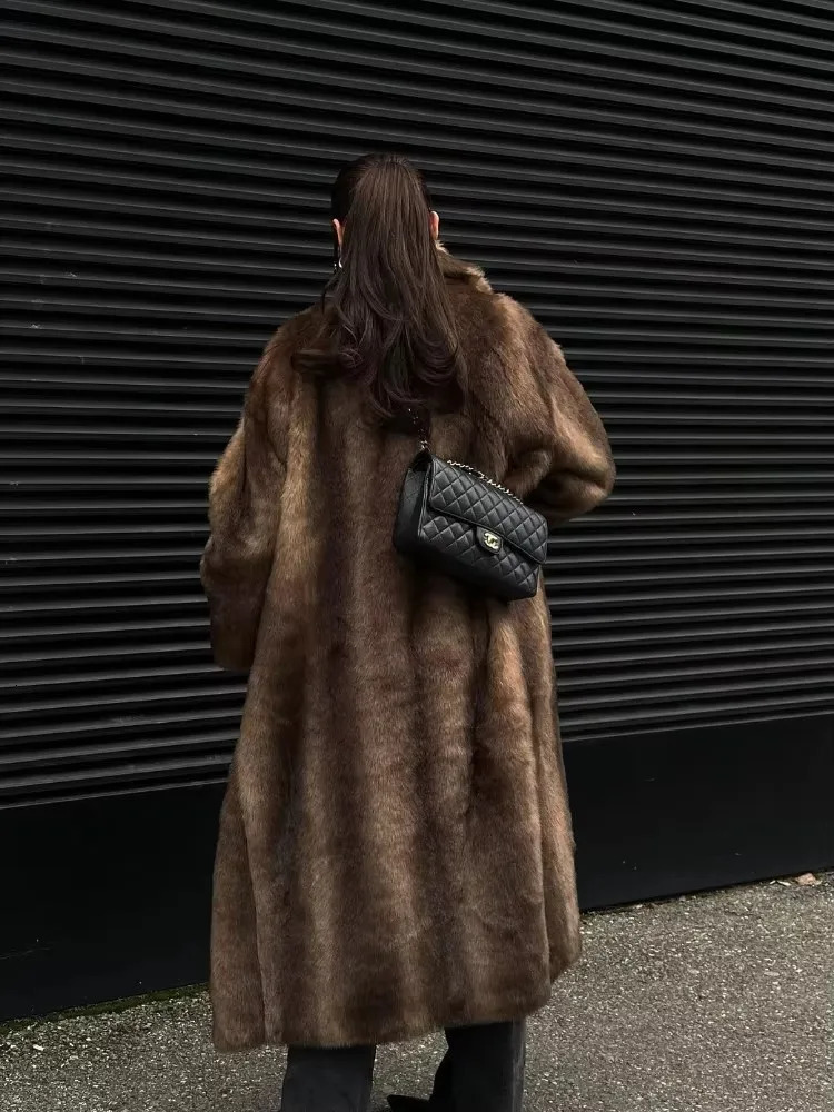 Womens dark brown single breasted wool trench coat synthetic fur thick long coat fluffy plush warm street winter coat 241115