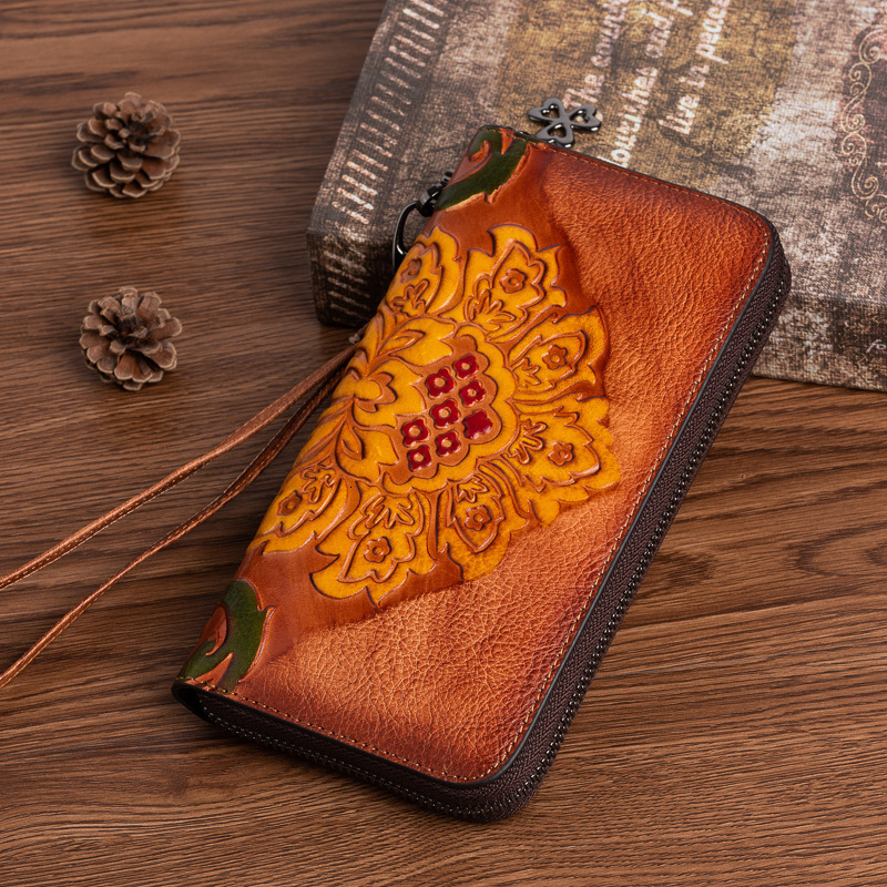 Designer's new wallet with vegetable tanned cowhide and polished color, long style, wallet, women's hand-held zipper bag