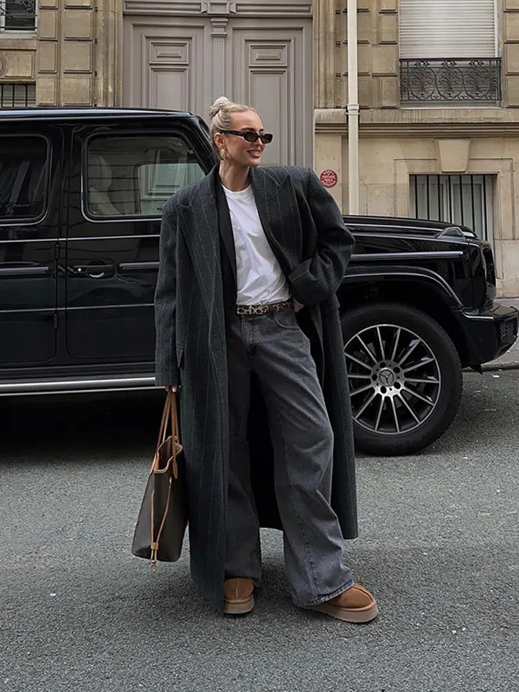 dark gray striped wool coat for women fashionable lapel long sleeved loose long coat autumn and winter womens commuting jacket 241115