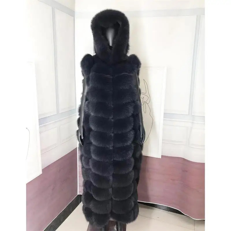 Lengthening Real Fur Vest Natural Coat For Jacket Female Coats Hood Waistcoat Long 241115