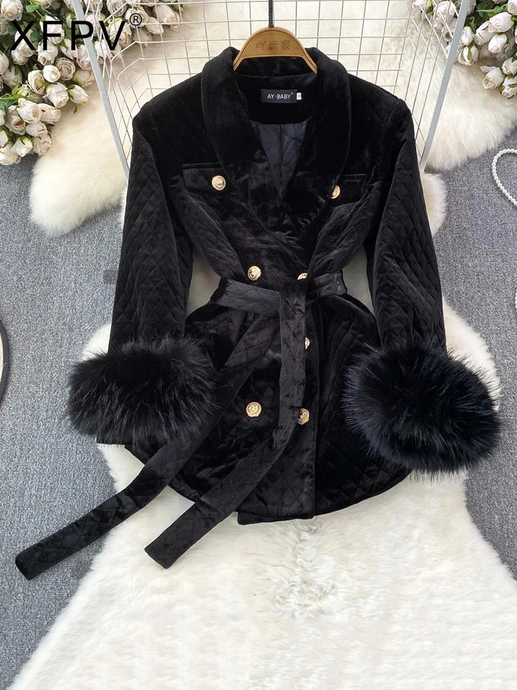 XFPV Womens Velvet Feather Lace Korean Double Chest Jacket with Collar and Long Sleeve Warm Coat Winter SM9917 241115