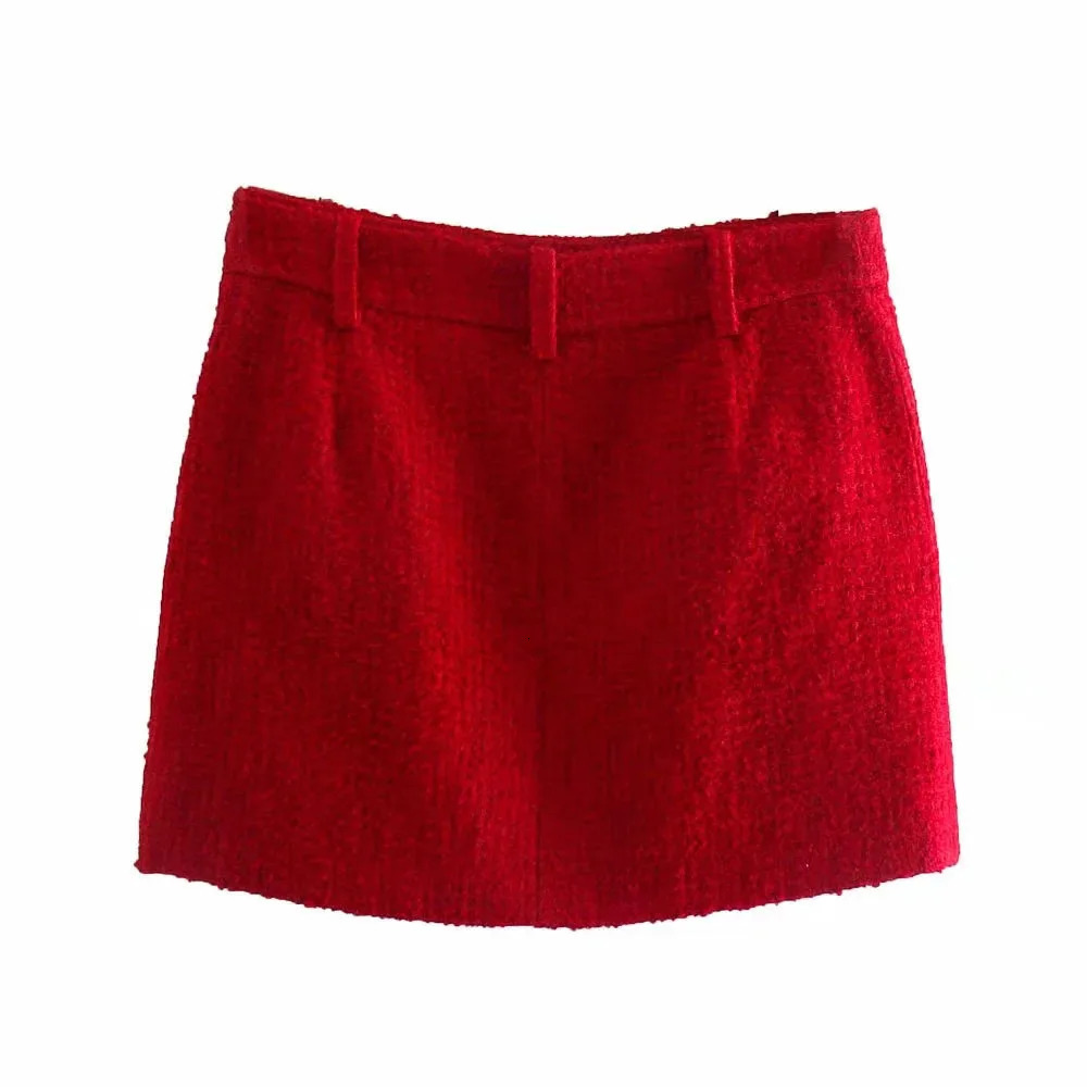 XEASY Tweed Women Two-piece Set Dark Red Vintage Office Lady Double Breasted Blazer Female Slim High Waist Mini Skirt Suit 241114