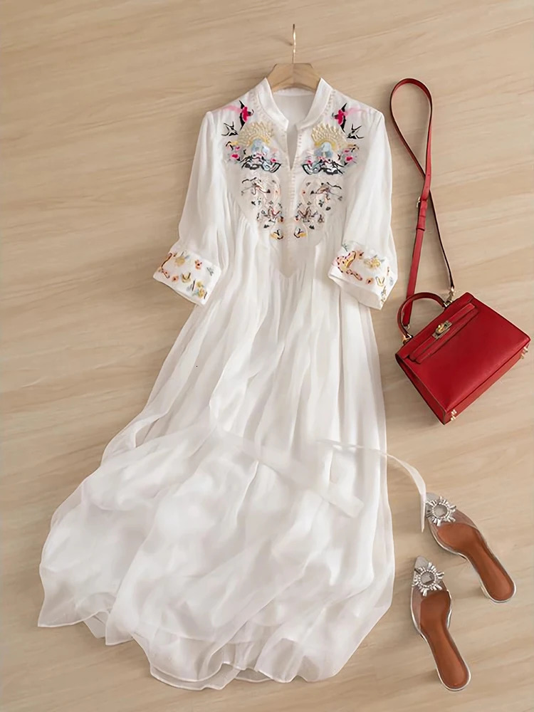 Chinese Style Embroidery Chiffon Dress National Art Chic Women Summer White Loose Casual Ethereal Pleated Long Dresses 240415