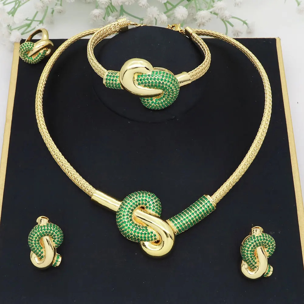 Womens jewelry set Italian gold-plated original copper necklace with CZ bow pendant earrings wedding jewelry 241115