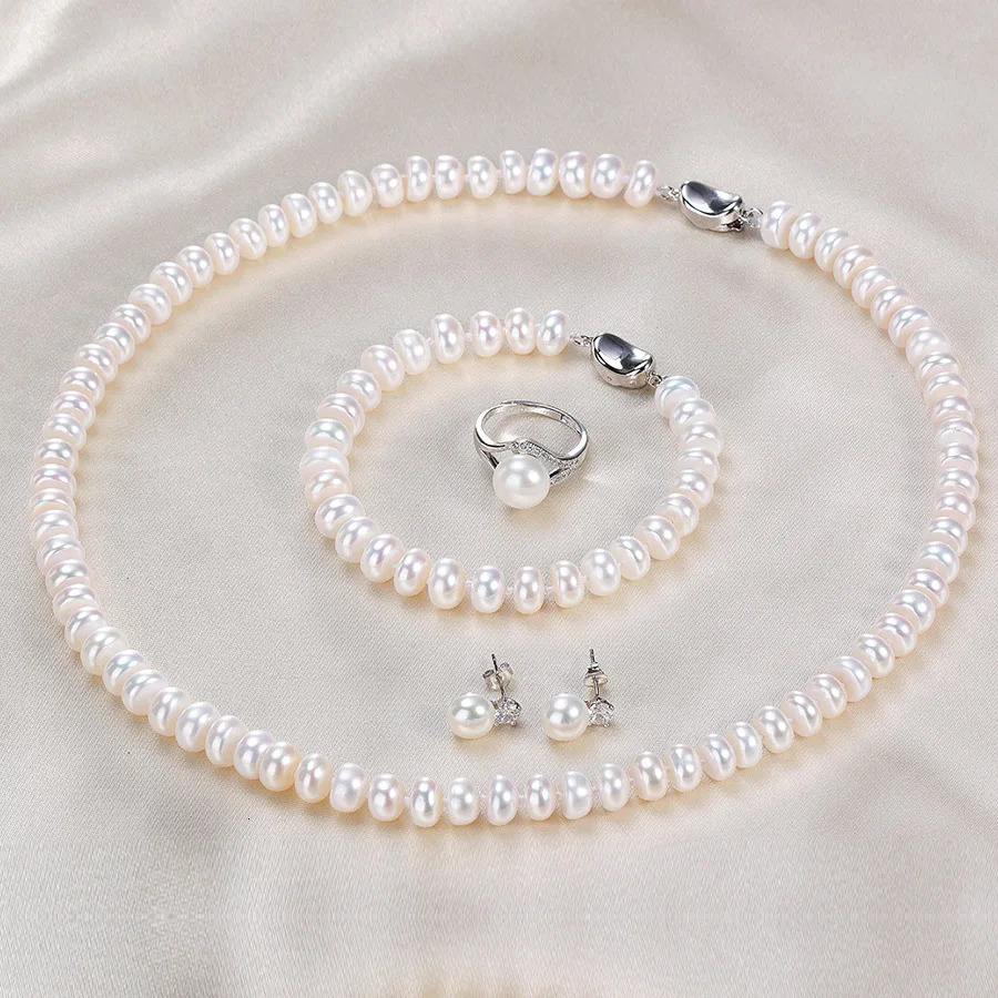 Dainashi Fashion 925 sterling silver womens wedding jewelry set real white natural freshwater pearl 7-8mm bread round 241115