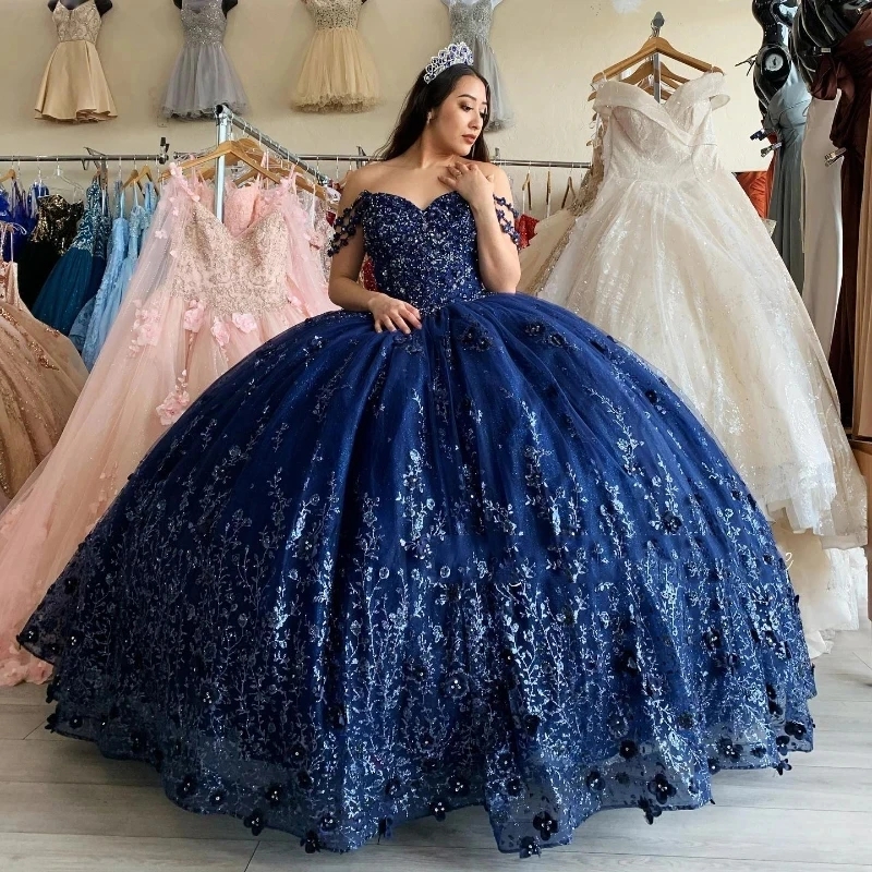 Blue Navy Princess Quinceanera Dresses Off Shoulder Sequin Appliques Lace Crystal Tull Party Birthday Ball Gowns Sweet Dress Vestidos De Anos D