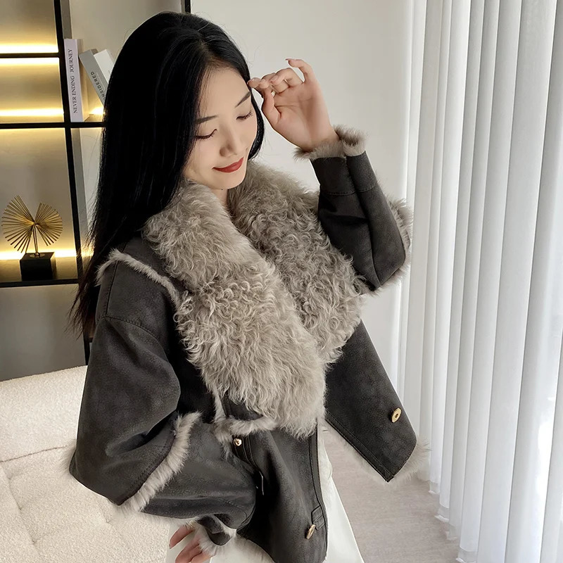 2023 Autumn And Winter Lamb Hair Collar Rex Rabbit Hair Grass Integrated Short Fashion Double breasted Real Leather Top Coat 241115