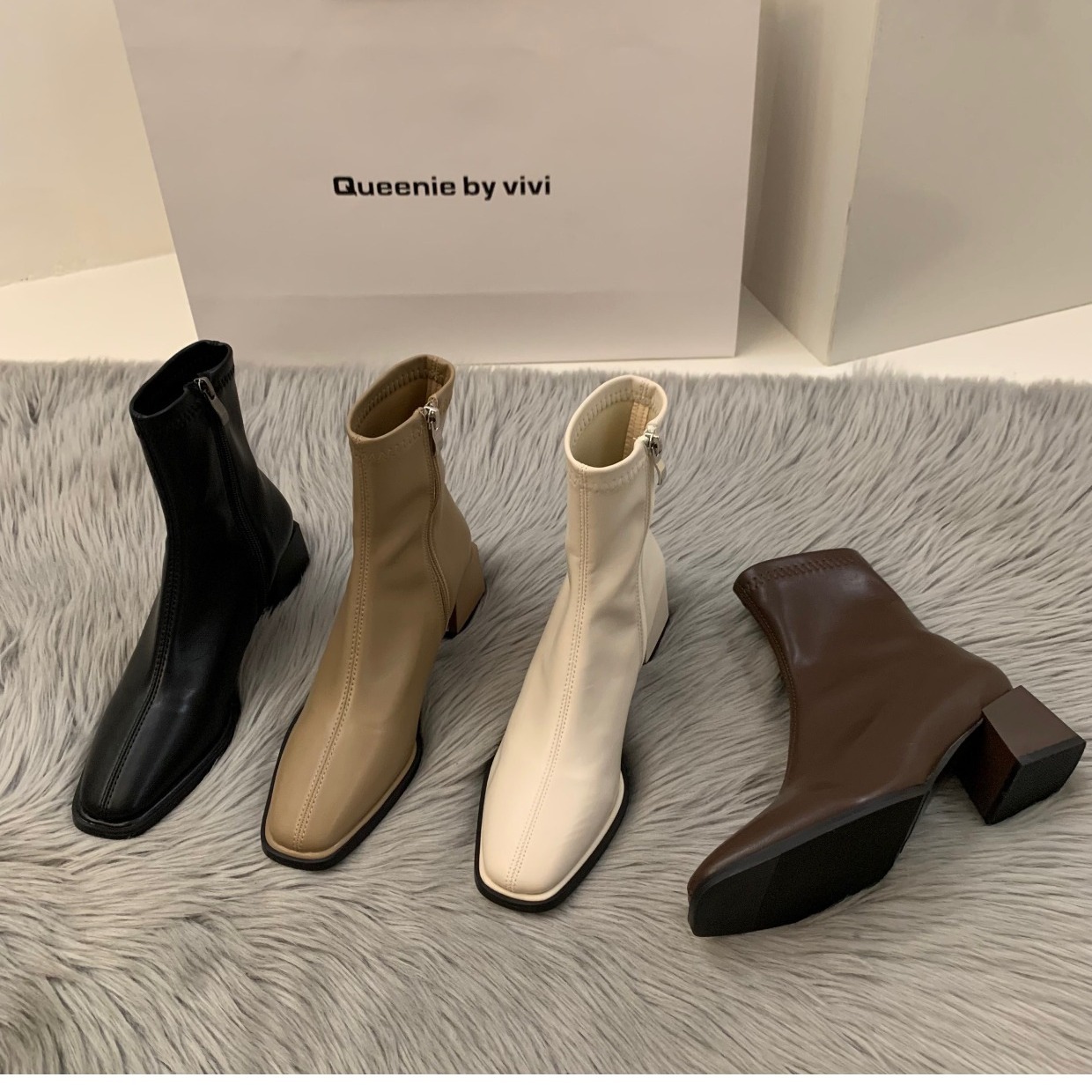 French Velvet New White Square Toe Short Boots.