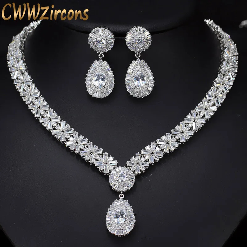 CWWZircon Platinum Bridal CZ Crystal Necklace and Earring Set Bridal T103 Grand Wedding Jewelry Set 241115