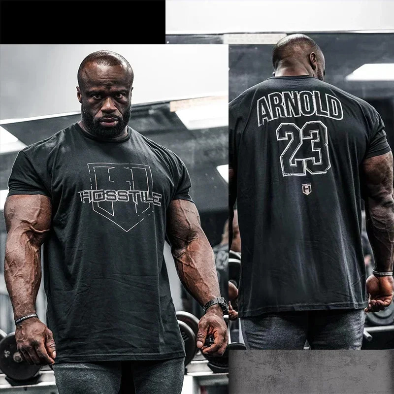 HOSSTILE Short Sleeved Fitness American Loose Muscle Tough Guy Top Breathable Sports Arnold Classic Tshirt Oversize Men Clothes 241114