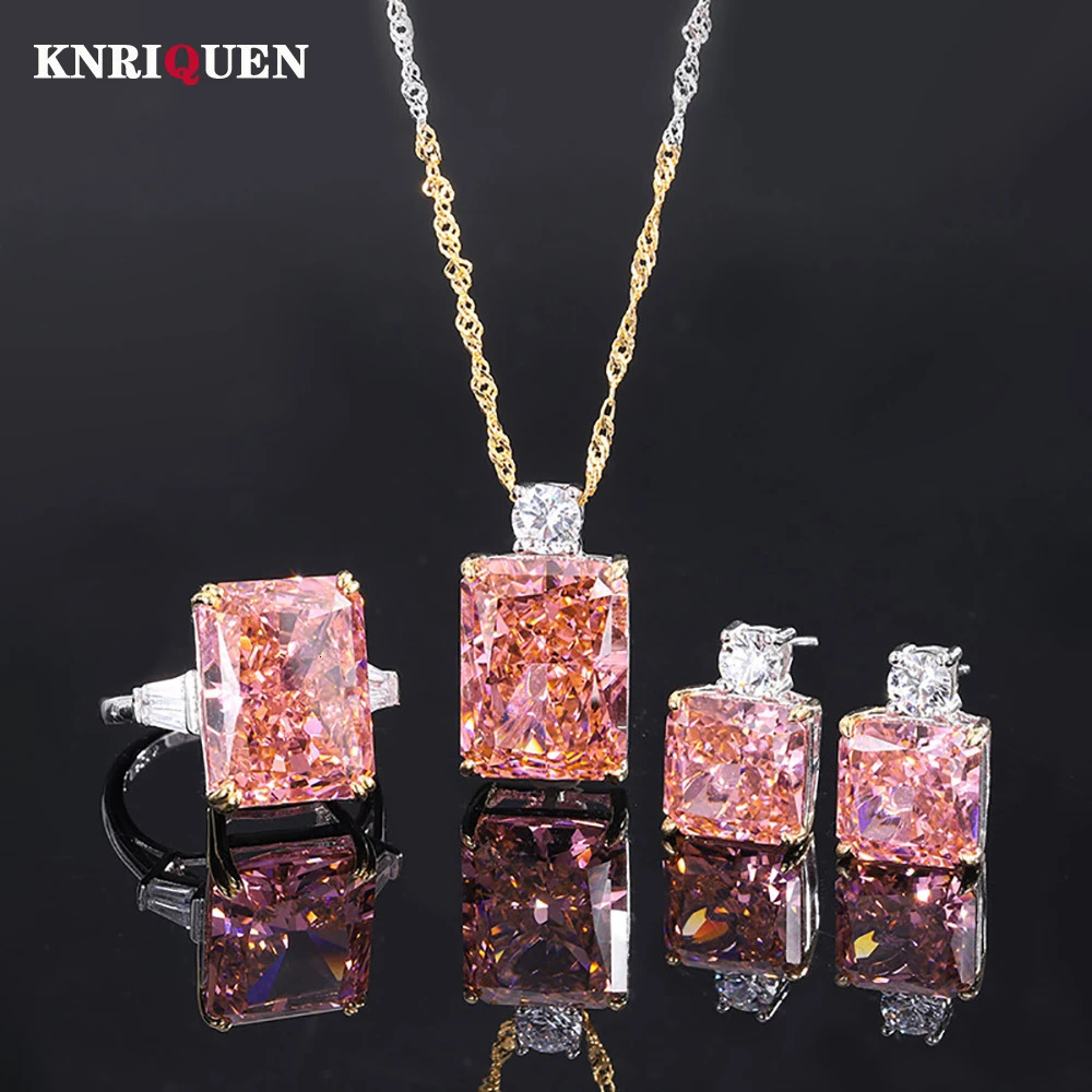 100% 925 Silver Padparadscha High Carbon Diamond Ring Pendant Necklace Earrings Wedding Exquisite Jewelry Set Womens Gift 241115