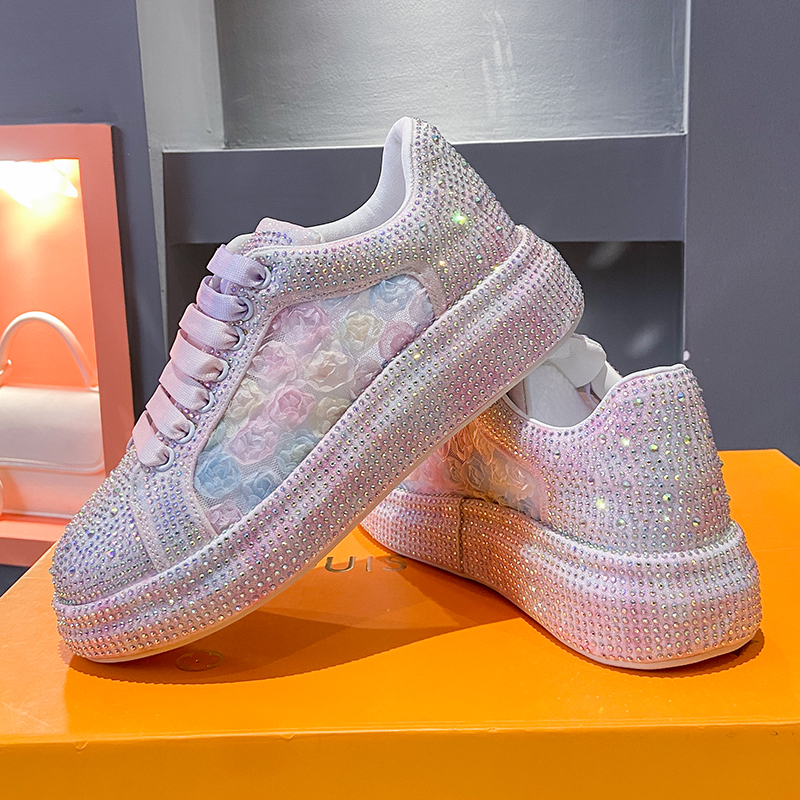2025 Autumn Women's Shoes New Fashionable Pink Thick soled Shoes Designer Sports Shoes Luxury Flat Shoes Fashionable Shining Water Diamond Shoes