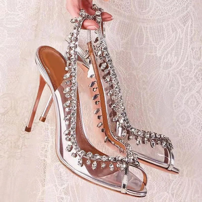 Silver Pink PVC Clear Heeled Sandals Women Pumps Sexy Rhinestones Thin High Heels Shoes Pointed Toes Party Nightclub Sandals 241115