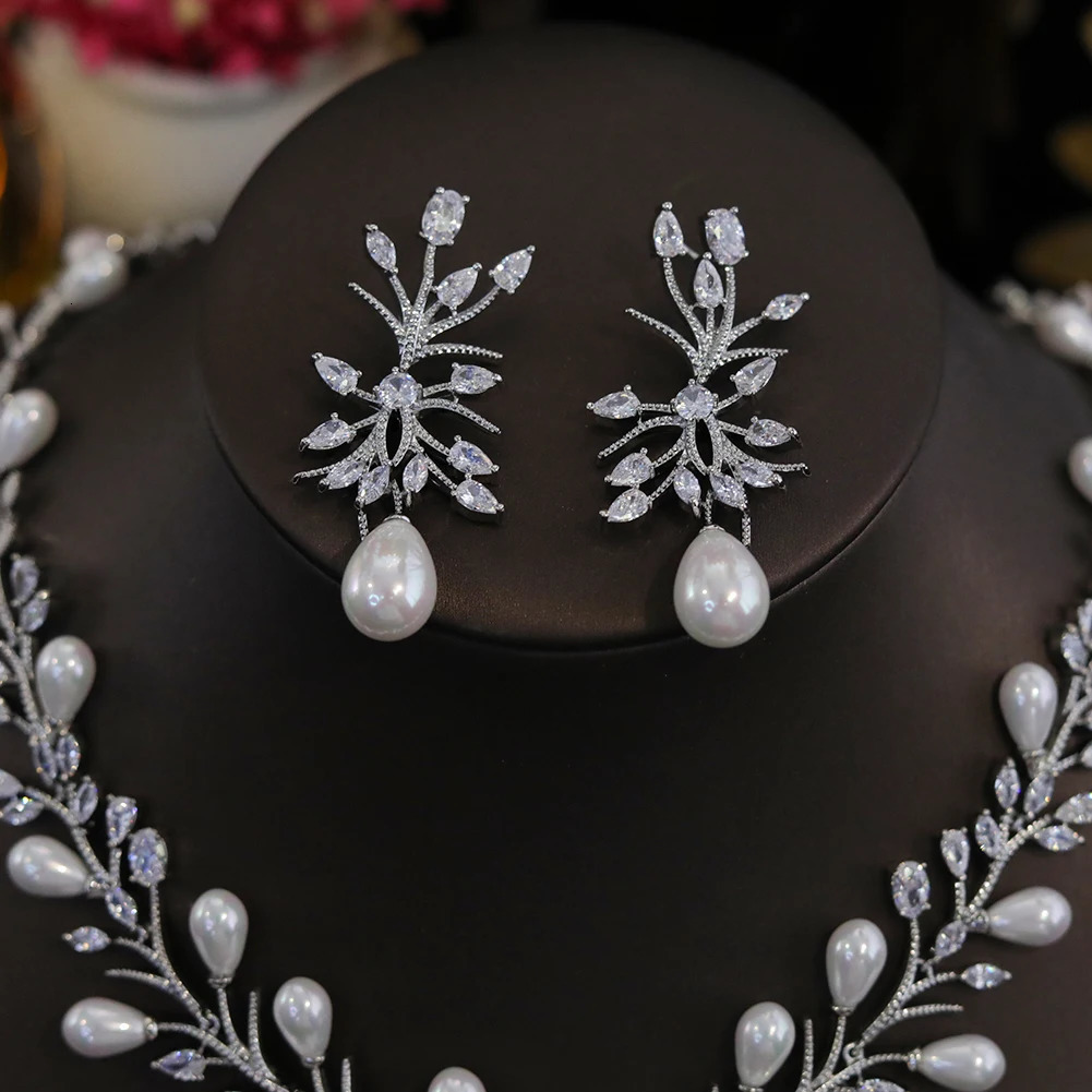 white cubic zirconia pearl necklace and earrings wedding party jewelry set for women Envio Gratis Todo X0470 241115