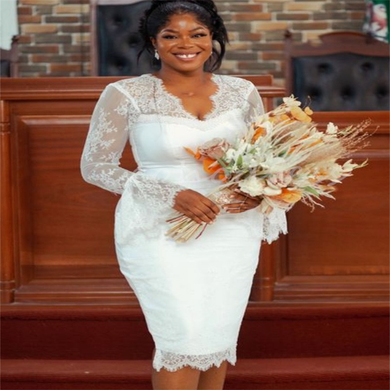 Simple African Short Wedding Dress Sexy V Neck Lace Long Sleeve Bride Dress Elegant Boho Beach Country Civil Bridal Gown 2025 Robe De Mariee Beaded Ve