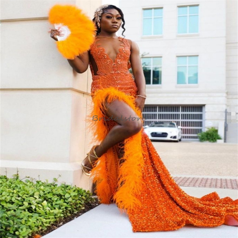 Gorgeous Sequin Orange Prom Dresses With Slit 2024 Plus Size Aso Ebi Mermaid Evening Dress Elegant Black Women Feather Formal Dress Diamond Crystal Ce